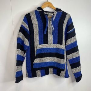 Vintage Artilana Large Blue Striped Poncho Drug Rug Pullover Hoodie Acrylic